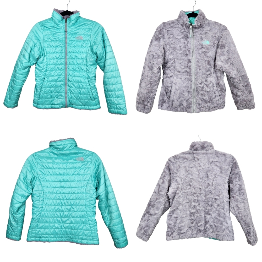 The North Face Mossbud Swirl Mint Green Reversible Fleece Jackets Girls Size L